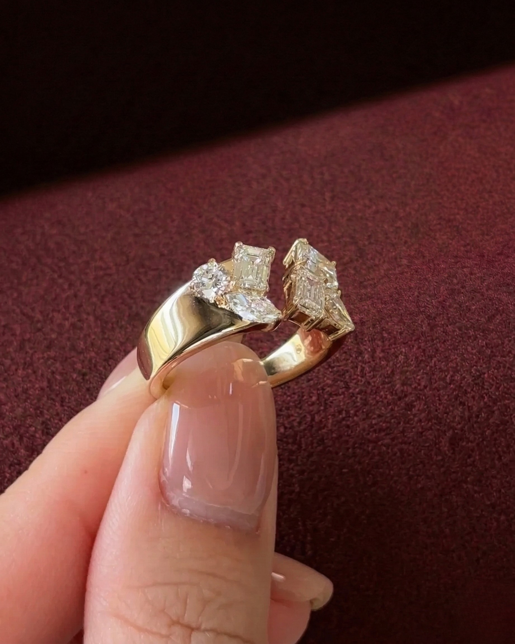 Mixed Shape Diamond Open Band Ring, Radiant Emerald Pear Marquise Diamond Ring, Multi Shape Diamond Statement Ring, Unique Diamond Open Ring