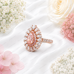 Pink Pear Shape Lab Grown Diamond Engagement Ring, Floral Halo Diamond Ring, Pink Diamond Ring, Pavé Band, 10K 14K 18K Gold