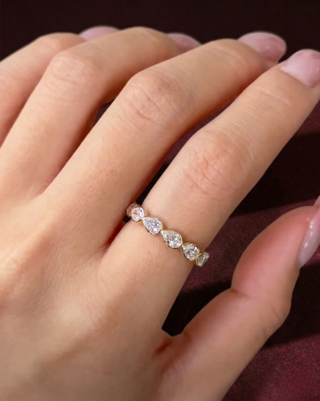 Pear Diamond Half Eternity Band, Bezel Set Pear Diamond Wedding Band, Pear Shape Diamond Anniversary Ring, Stackable Pear Diamond Ring.