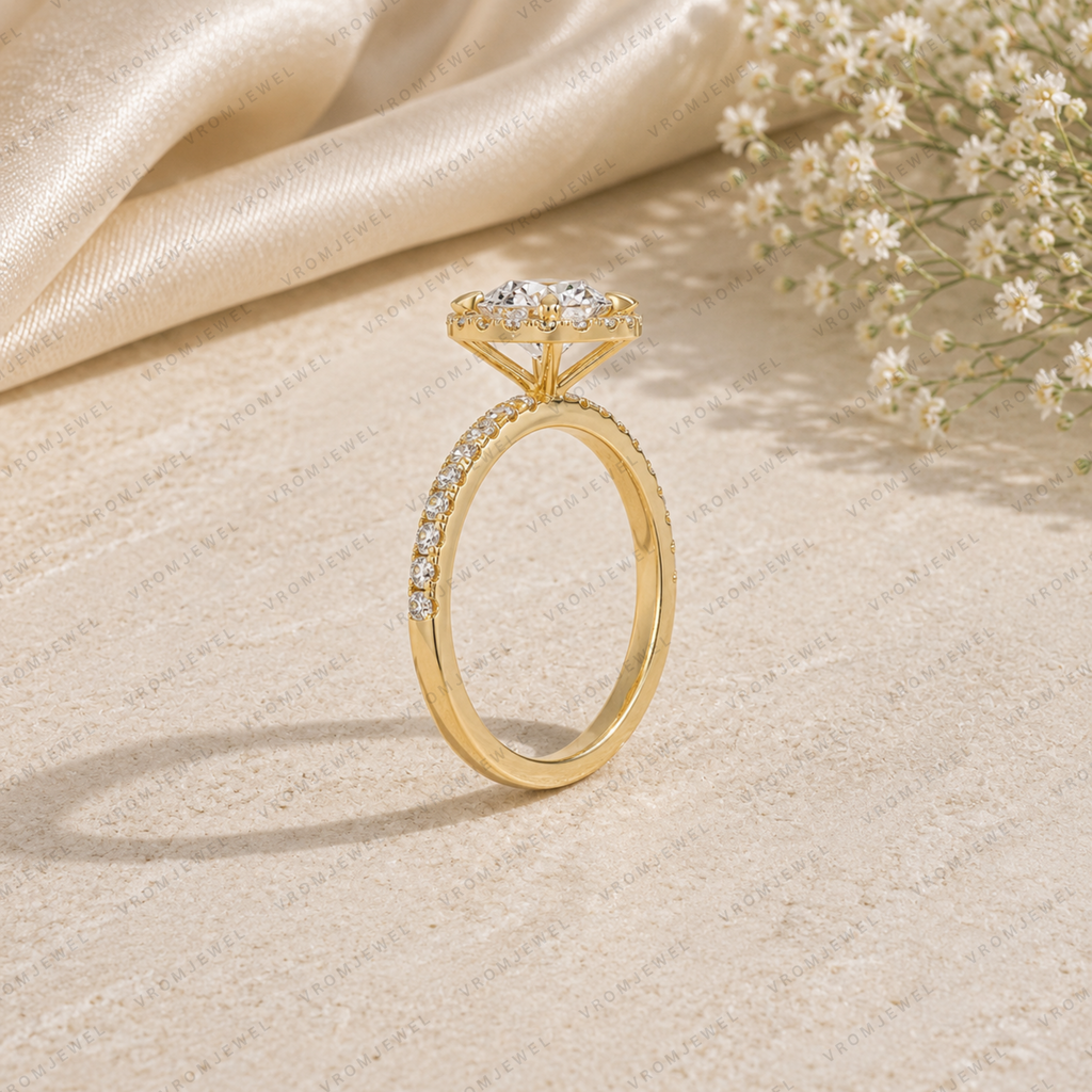 Round Shape Lab Grown Diamond Halo Engagement Ring in Solid 14K Gold