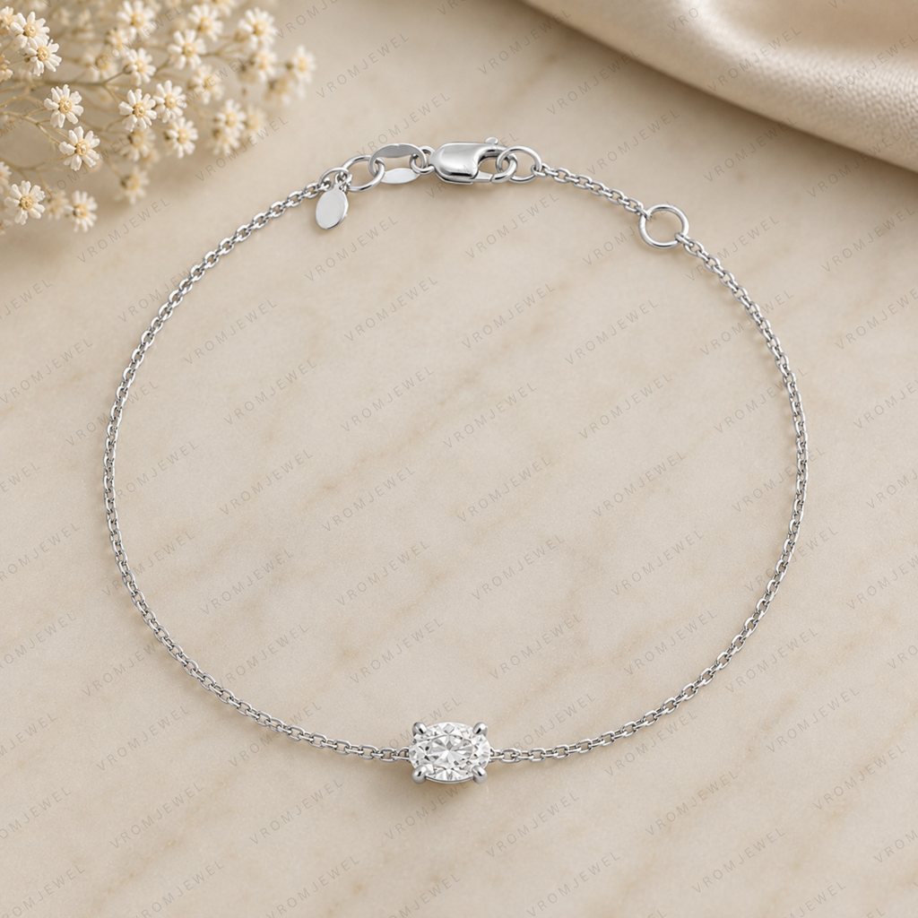 Minimalist Oval Lab Grown Diamond Solitaire Bracelet in Solid 14K Gold