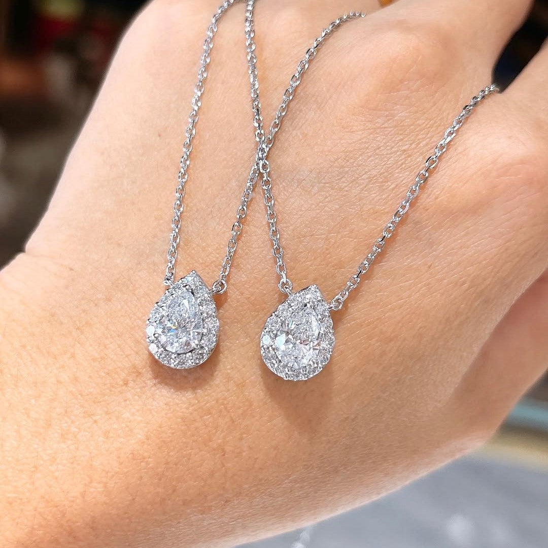 Dainty Pear Halo Pendant Necklace | Lab Grown Diamond | 14K Yellow Gold