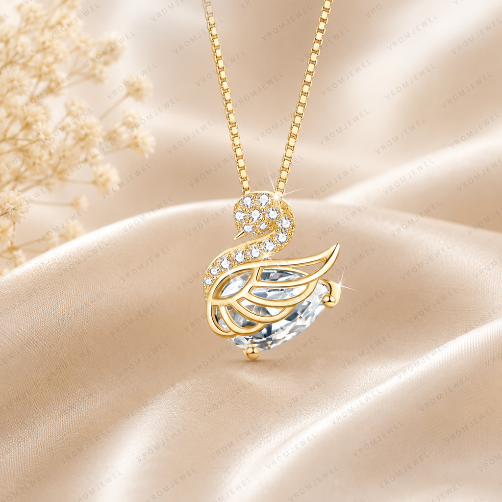 Swan Lab Grown Diamond Necklace, Swan Pendant Necklace, Round Diamond Necklace, Nature Inspired Necklace, Solid Gold Swan Necklace