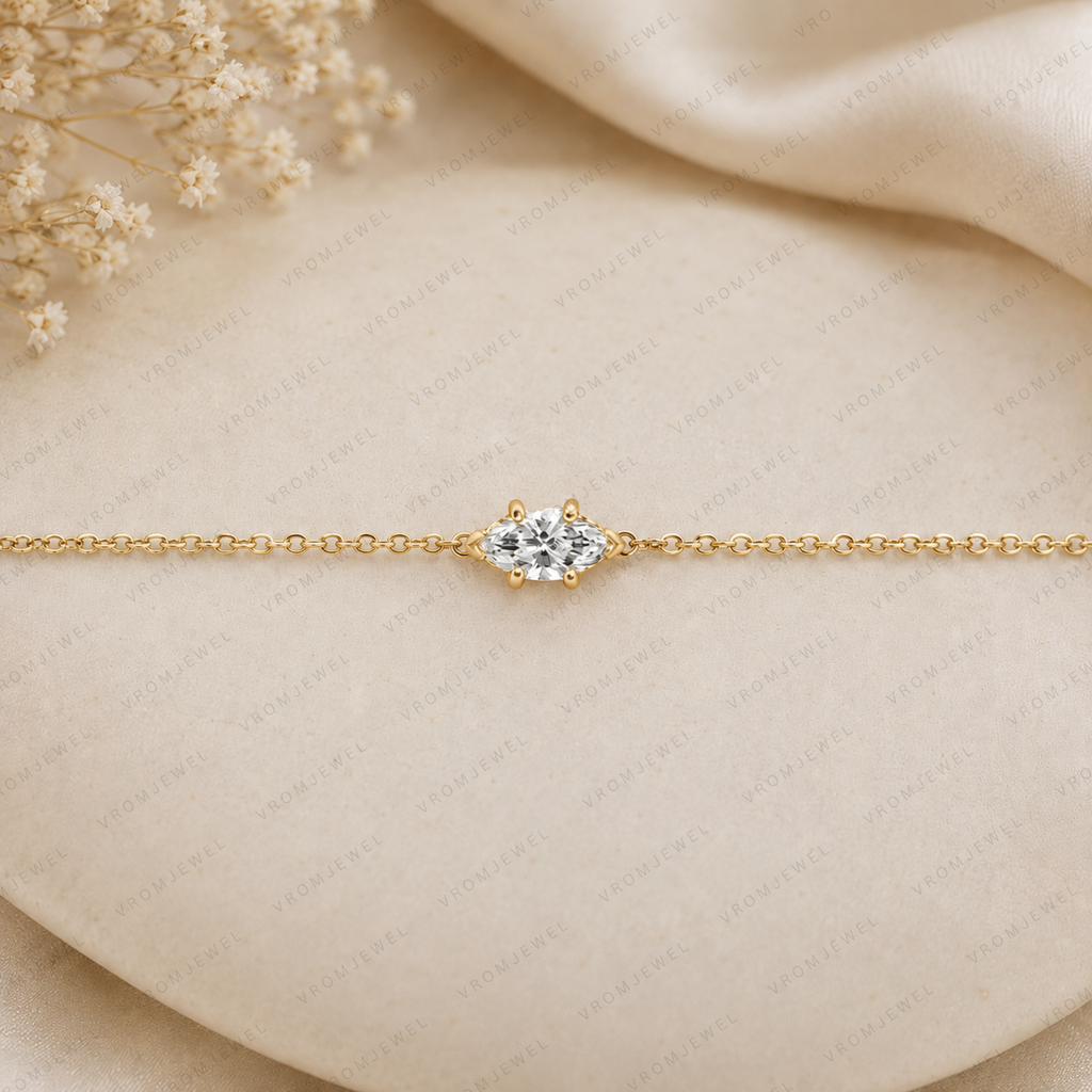 Handmade Marquise Cut Lab Grown Diamond Solitaire Bracelet in 14K Gold