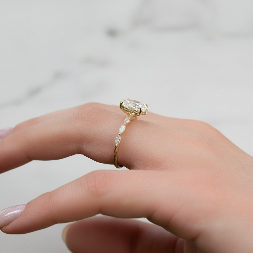 Oval Ring with Marquise Accent Solitaire | Lab Grown Diamond | 14K Yellow Gold
