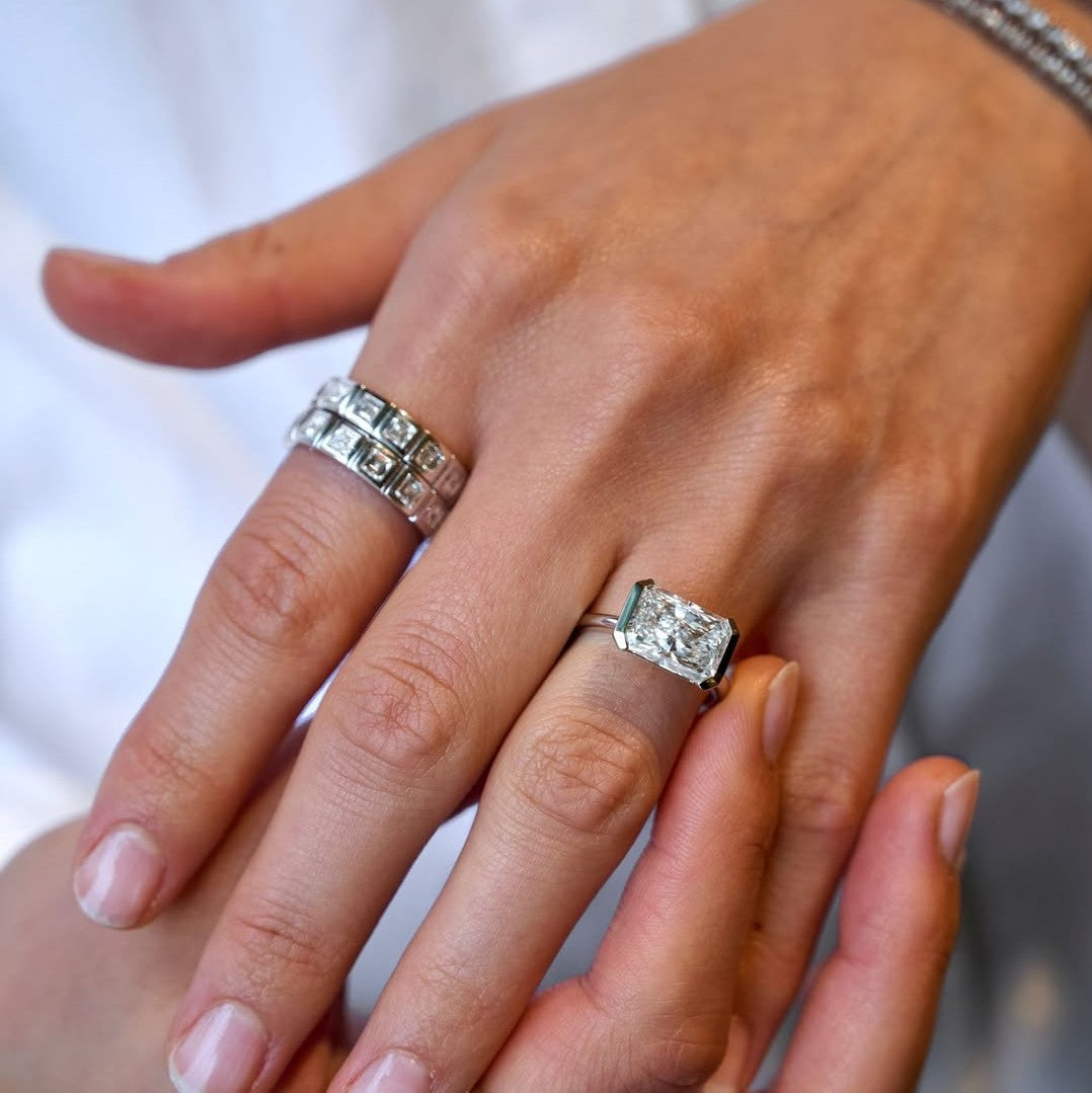 Modern East West Radiant Engagement Ring | Lab Grown Diamond | 14K Yellow Gold Half Bezel