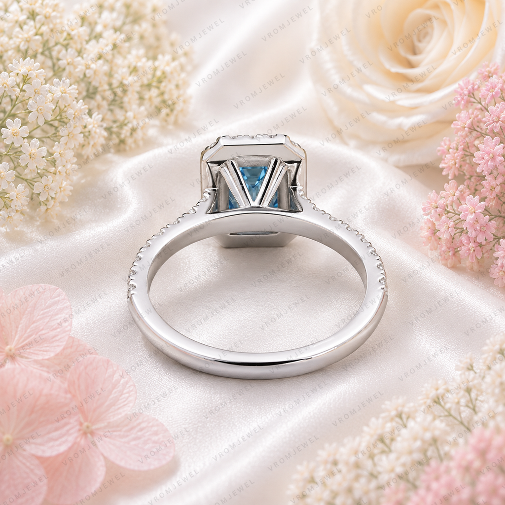 Blue Emerald Cut Lab Grown Diamond Ring, 1.50 Carat Blue Diamond Engagement Ring, Emerald Cut Halo Ring, Round Diamond Accents, Pavé Band