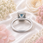 Blue Emerald Cut Lab Grown Diamond Ring, 1.50 Carat Blue Diamond Engagement Ring, Emerald Cut Halo Ring, Round Diamond Accents, Pavé Band