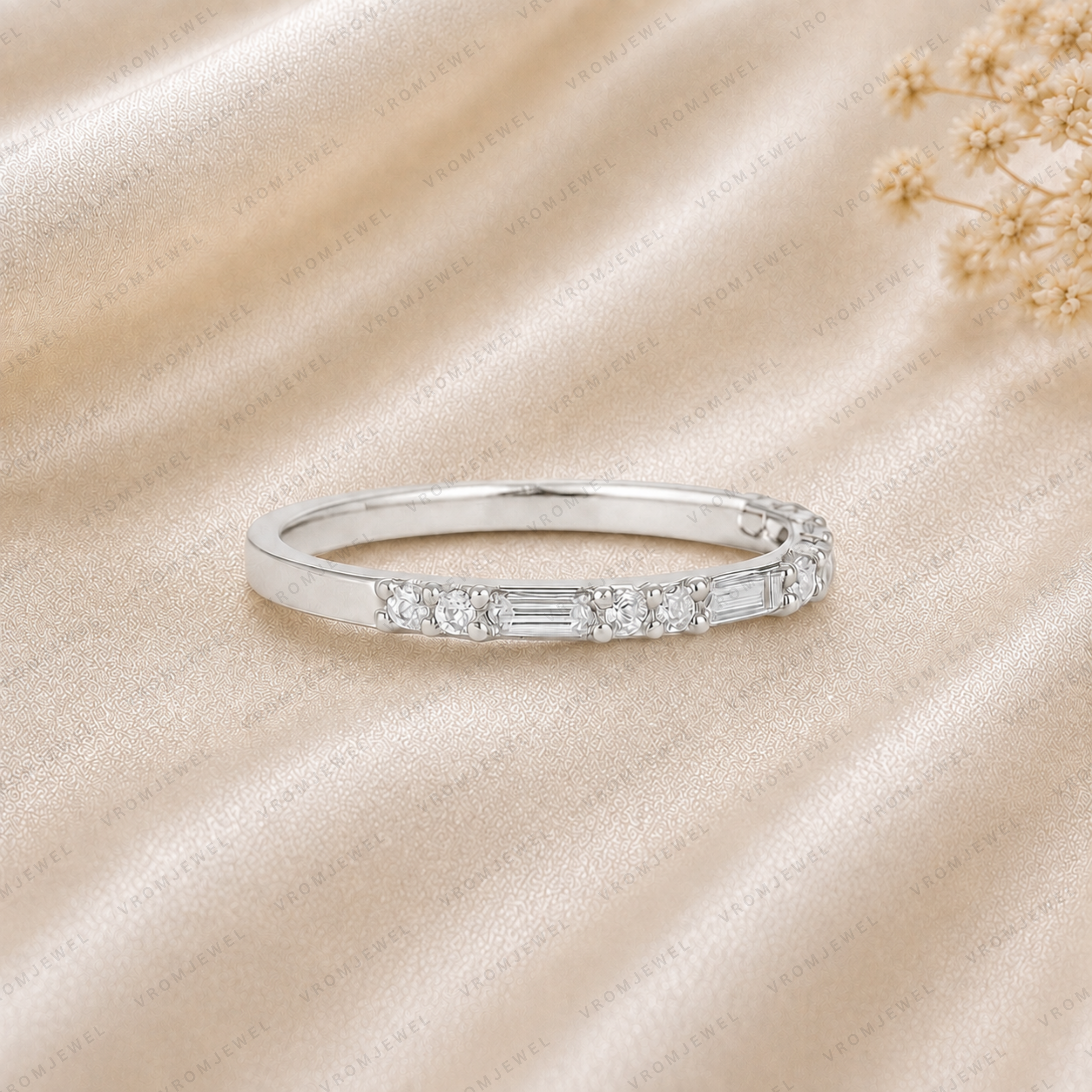 Lab Grown Diamond Wedding Band: 14K Gold Round & Baguette Anniversary Ring