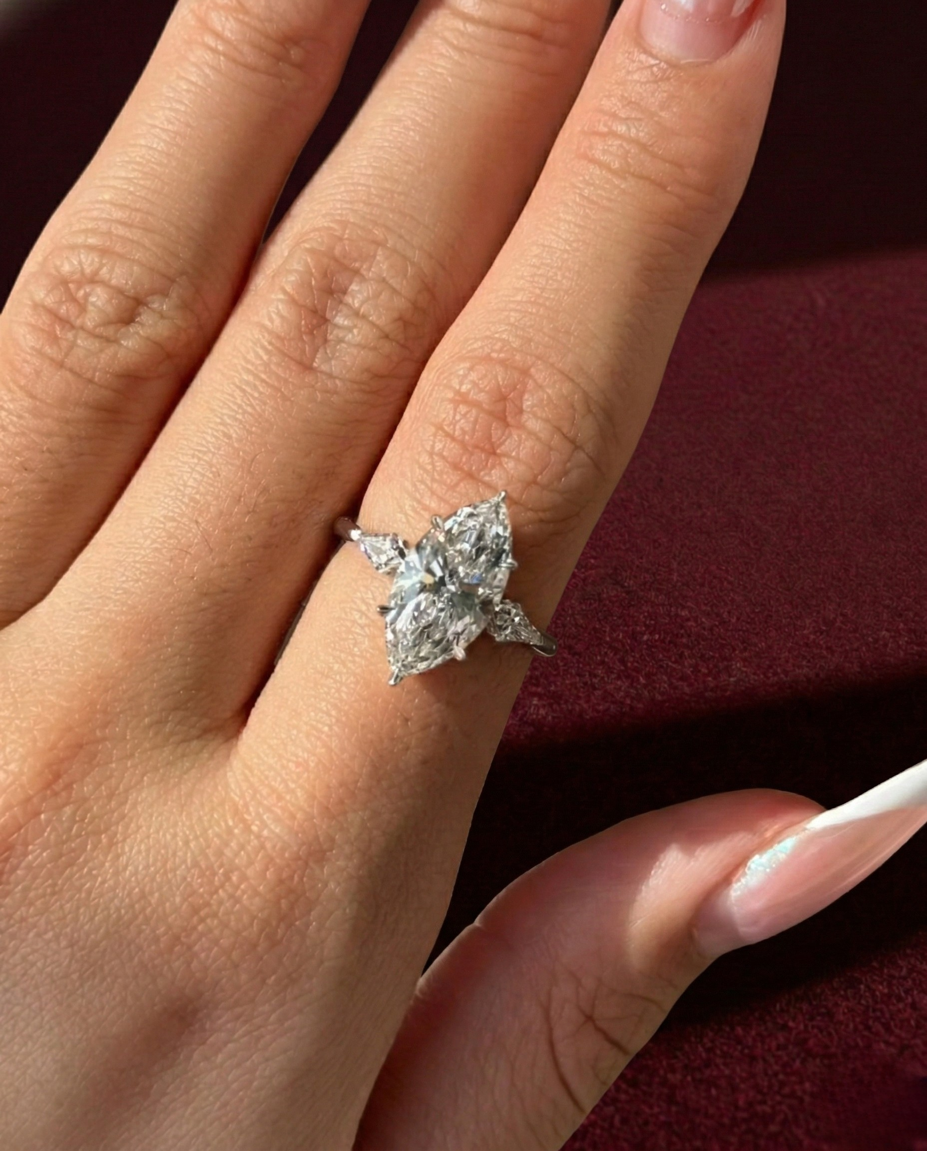 Marquise Lab Grown Diamond Engagement Ring, Marquise Diamond Ring with Kite Side Stones, 3 Carat Diamond Ring, Unique Three Stone Ring