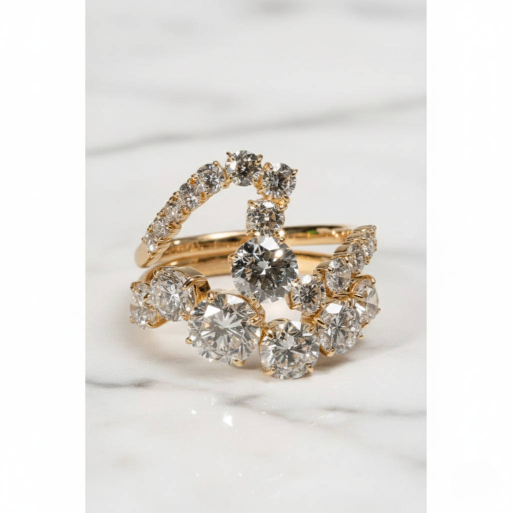 Round Diamond Wave Band | Lab Grown Diamond | 14K Yellow Gold Unique Curved Setting