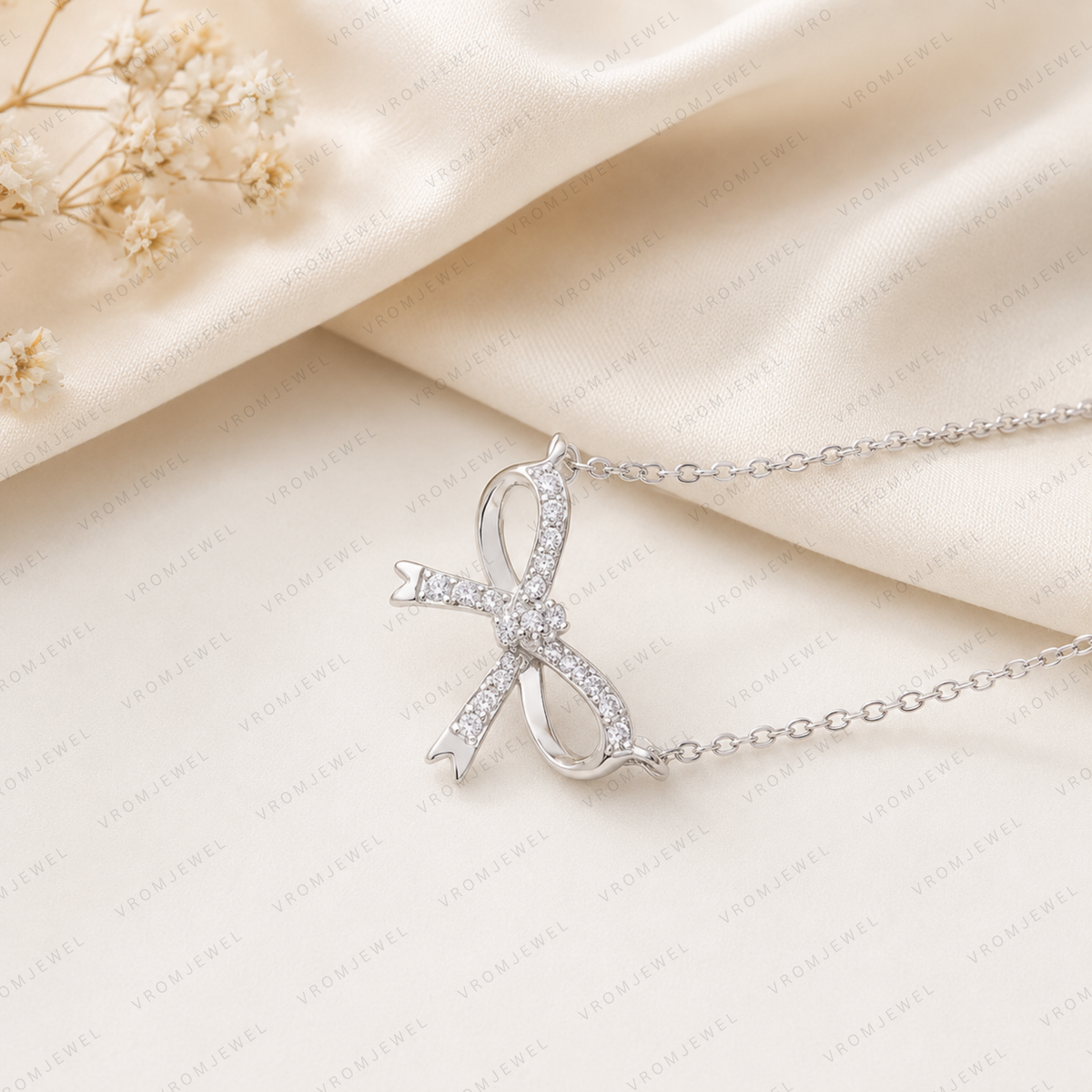 Bow Diamond Necklace, Lab Grown Diamond Bow Pendant, Solid Gold Bow Necklace, Minimalist Ribbon Necklace, Cute Diamond Necklace
