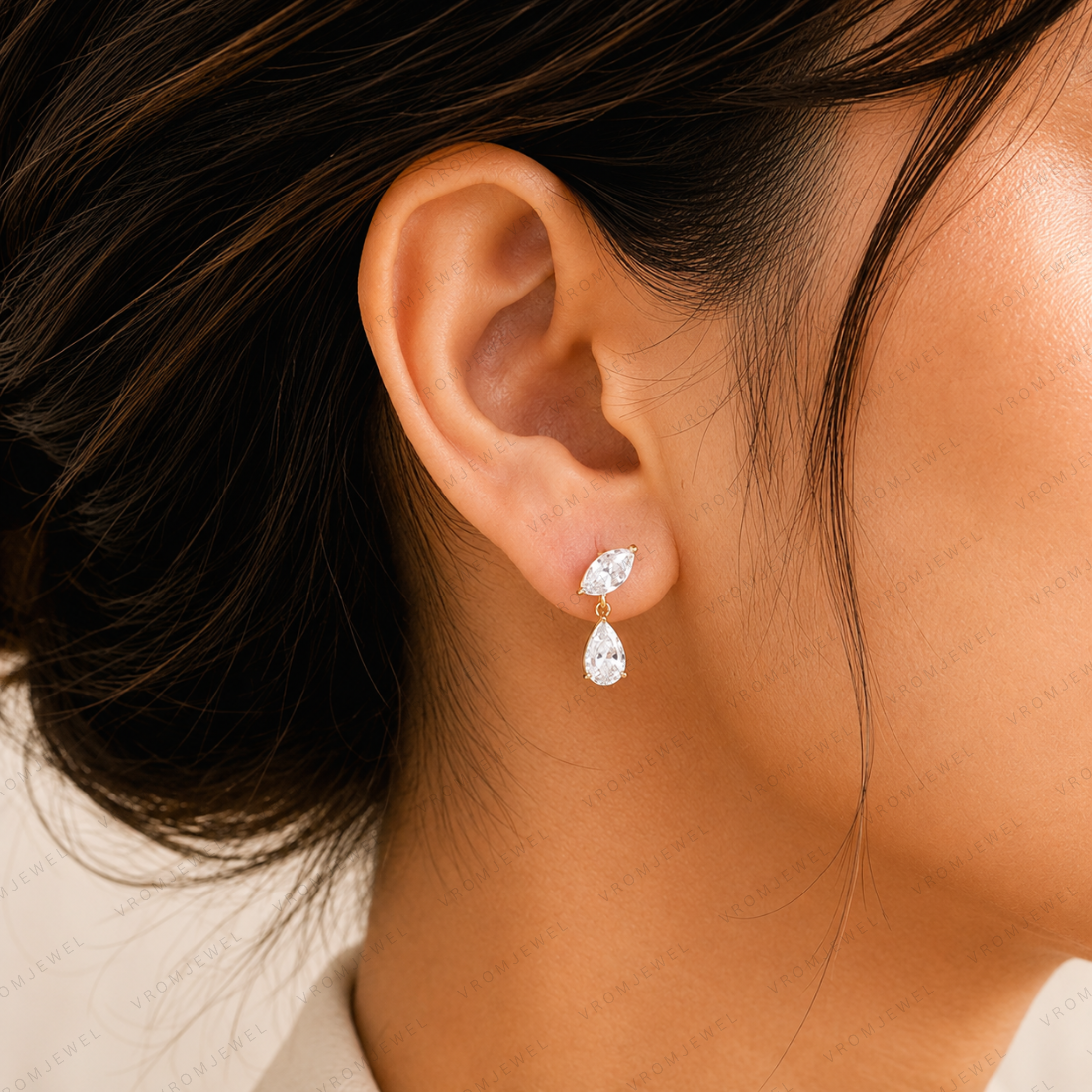 Marquise & Pear Cut Lab Grown Diamond Two Stone Earrings in Solid 14K Gold