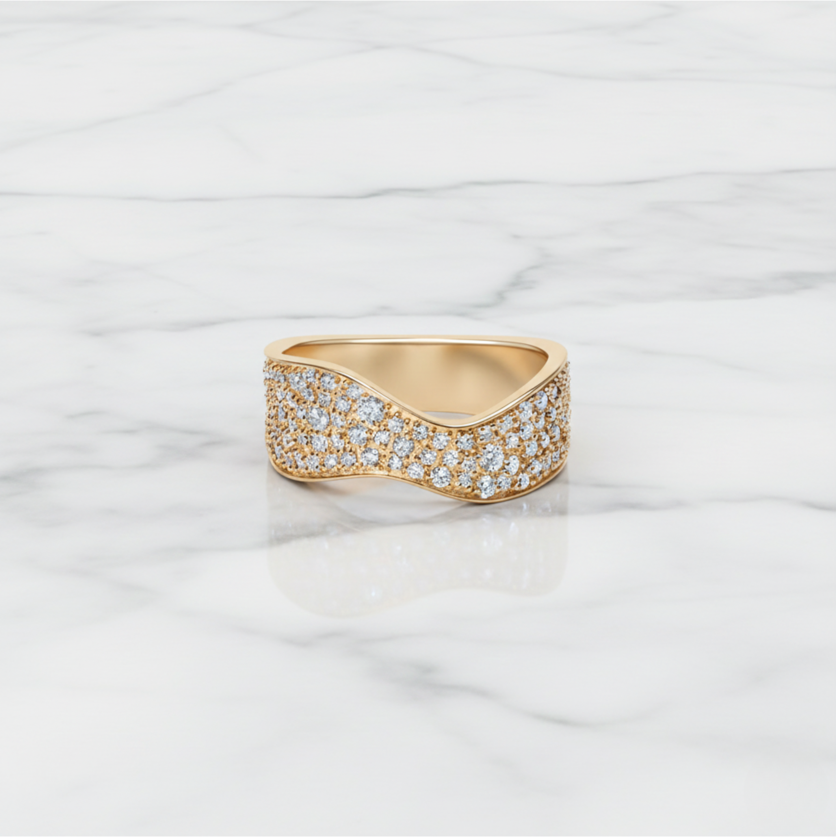 Wavy Pavé Ring Wide Curve Band | Lab Grown Diamond | 14K Yellow Gold