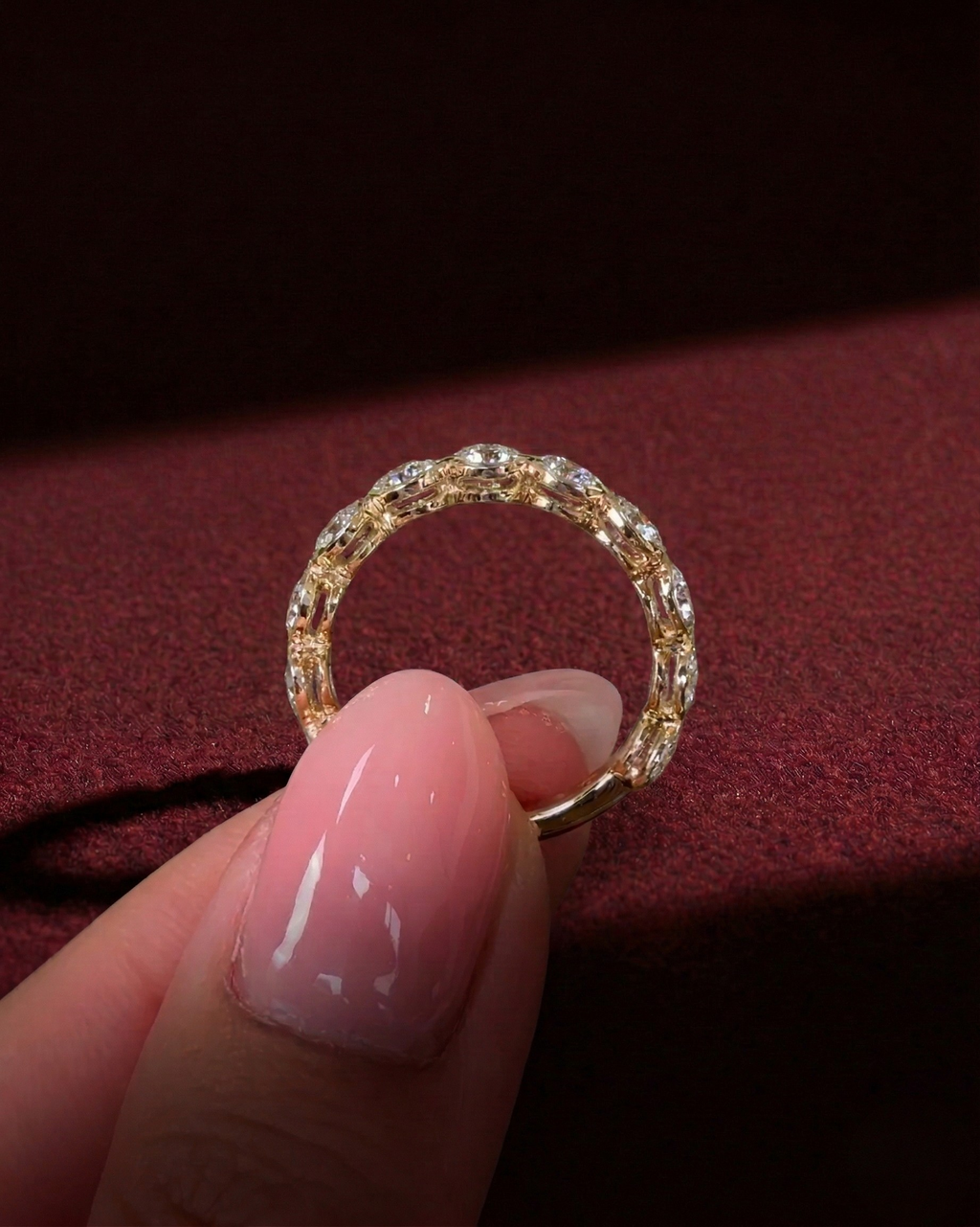 Heart Shape Diamond Half Eternity Band, Bezel Set Heart Diamond Wedding Band, Heart Diamond Anniversary Ring, Stackable Diamond Band.
