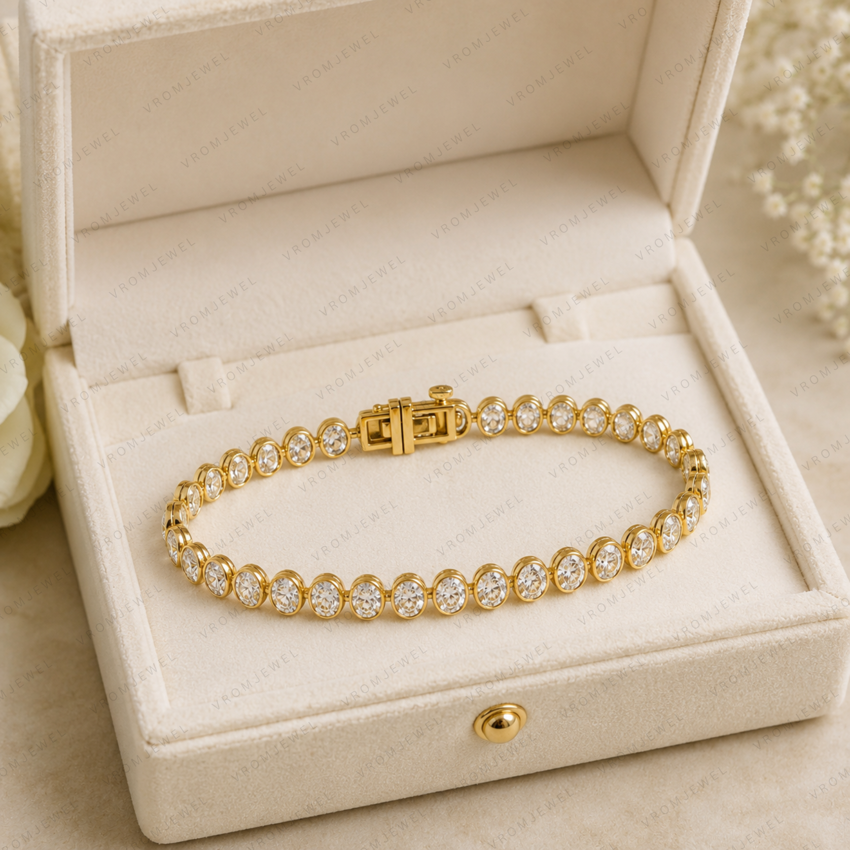 Oval Lab Grown Diamond Tennis Bracelet in Bezel-Set Solid 14K Gold