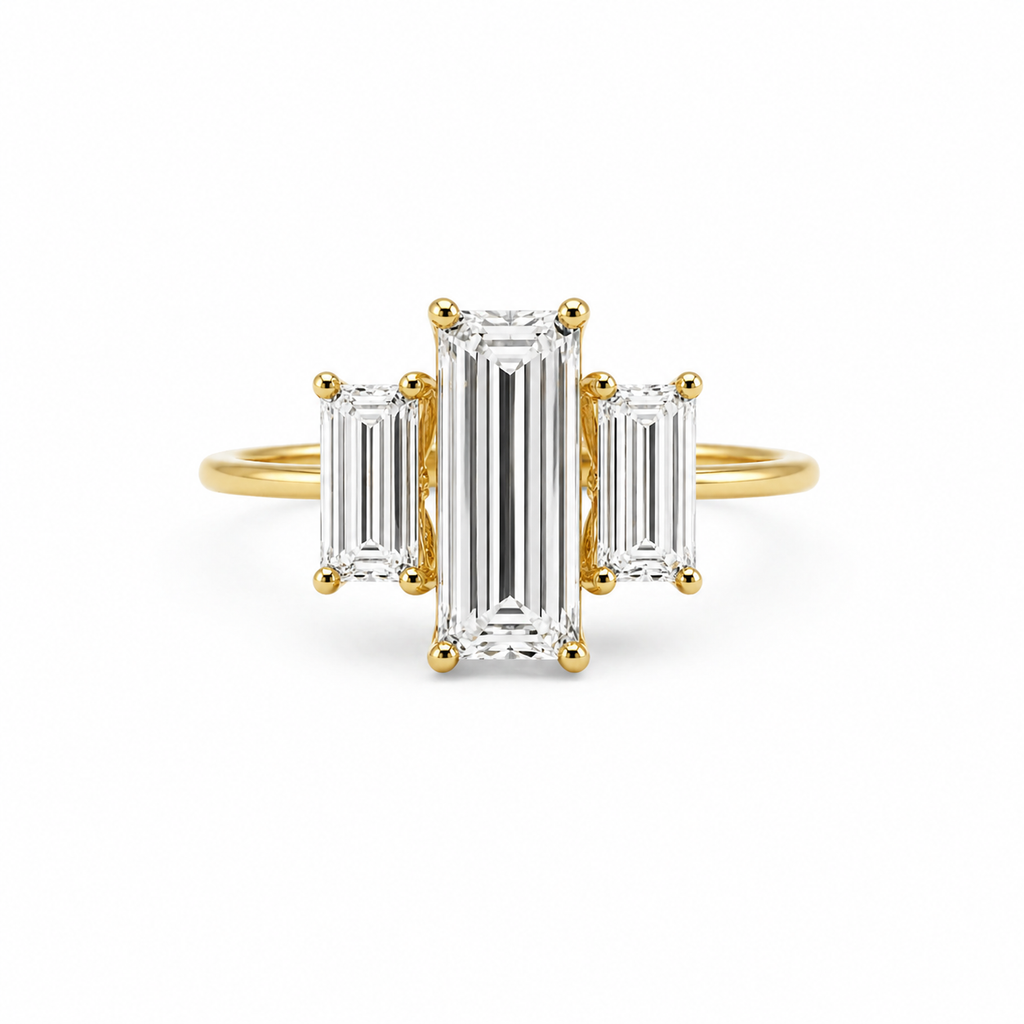 3 Stone Baguette Lab Grown Diamond Ring | 3 CT Total | Step Cut Engagement Ring | 14K Gold Proposal Ring