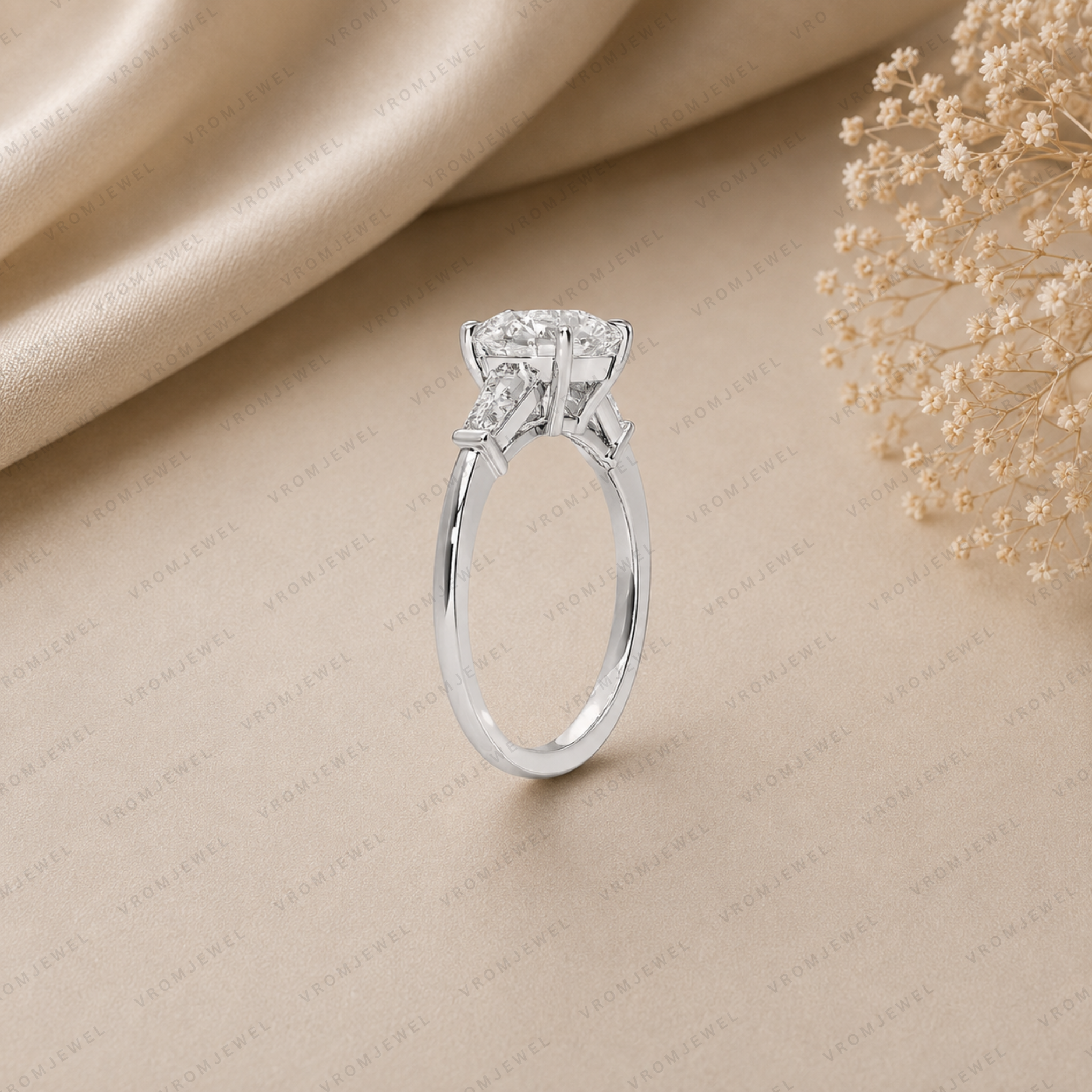 Round Engagement Ring | Lab Grown Diamond | Tapered Baguette Side Stones | 14K Yellow Gold