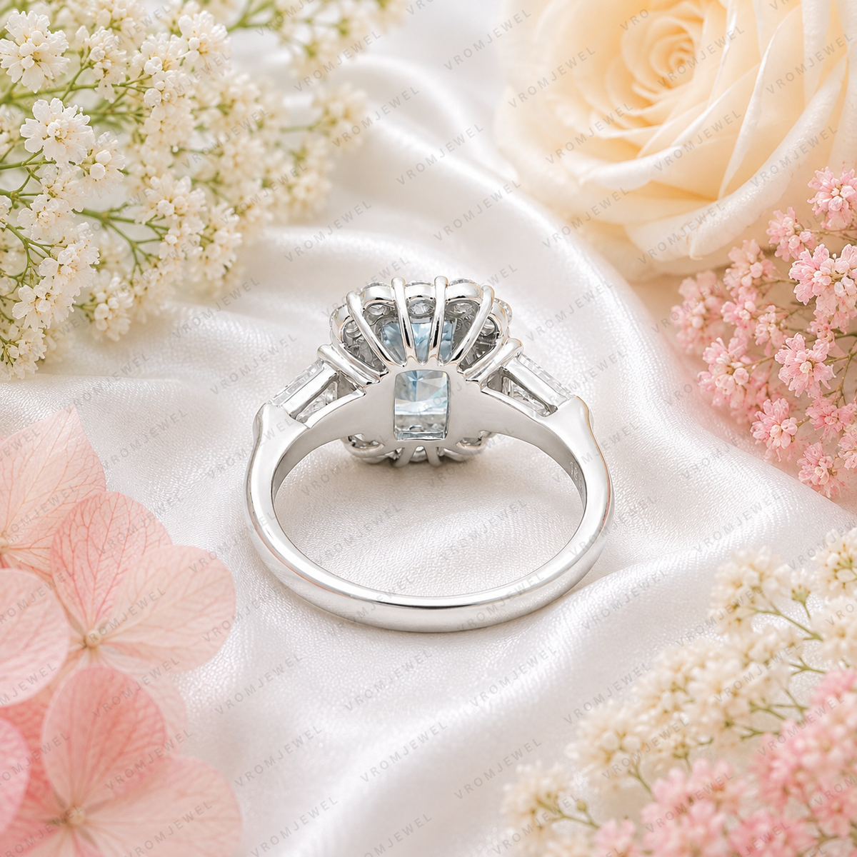 Blue Radiant Cut Lab Grown Diamond Ring, 2 Carat Blue Diamond Engagement Ring, Halo Ring, Baguette Side Stones, Statement Ring, 10K 14K 18K