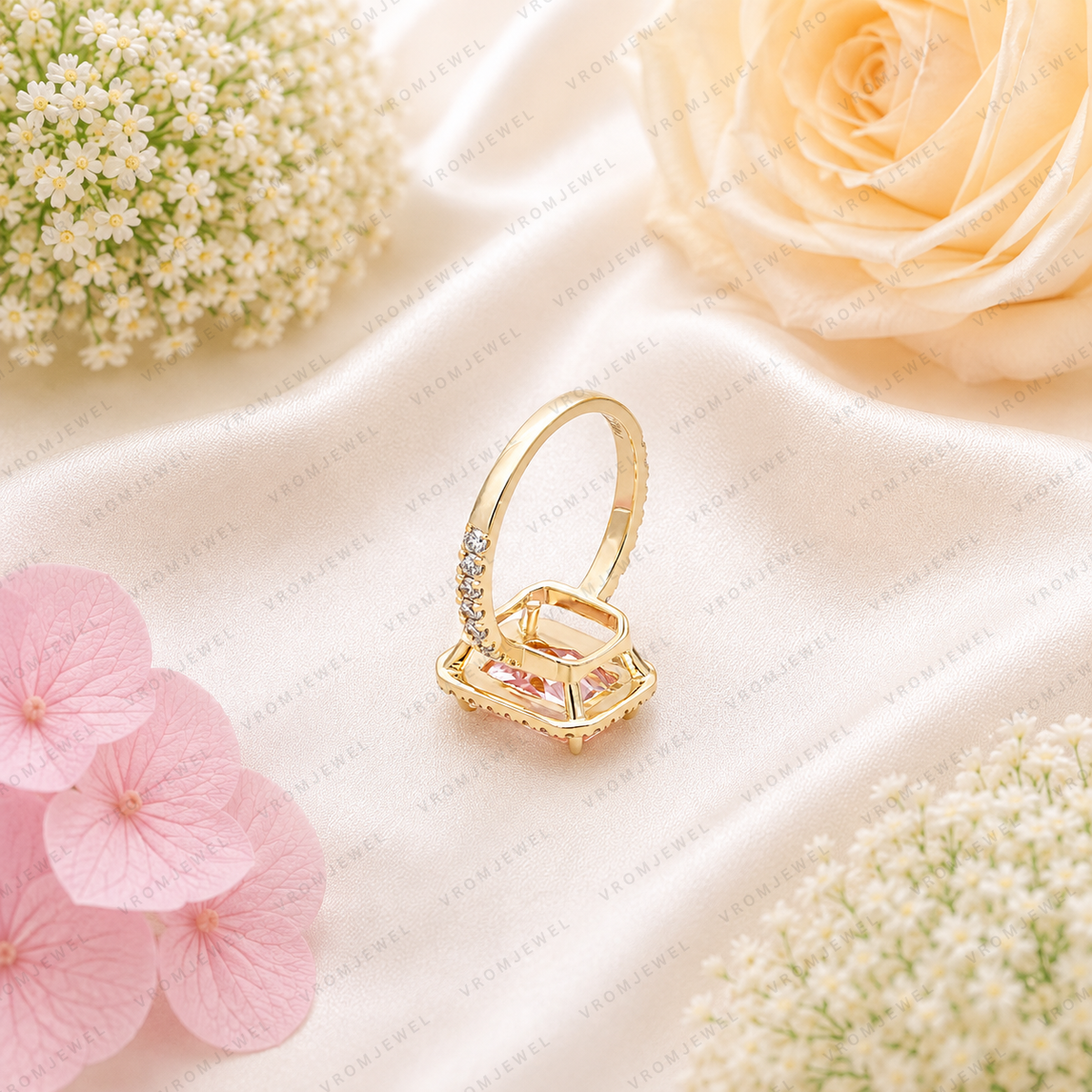 Pink Radiant Cut Lab Grown Diamond Engagement Ring, Halo Diamond Ring, Pink Diamond Ring, Pavé Band, 4 Prong Setting, 10K 14K 18K Gold