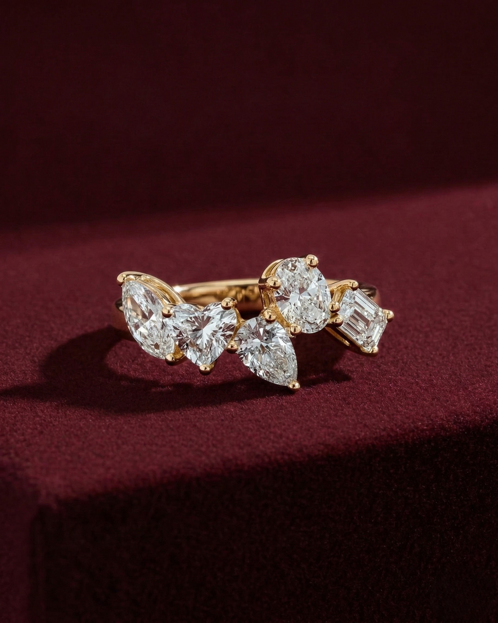 Multi Shape Lab Grown Diamond Ring, Marquise Heart Pear Oval Emerald Diamond Ring, 1.60 Carat Fancy Shape Diamond Band, Unique Diamond Ring