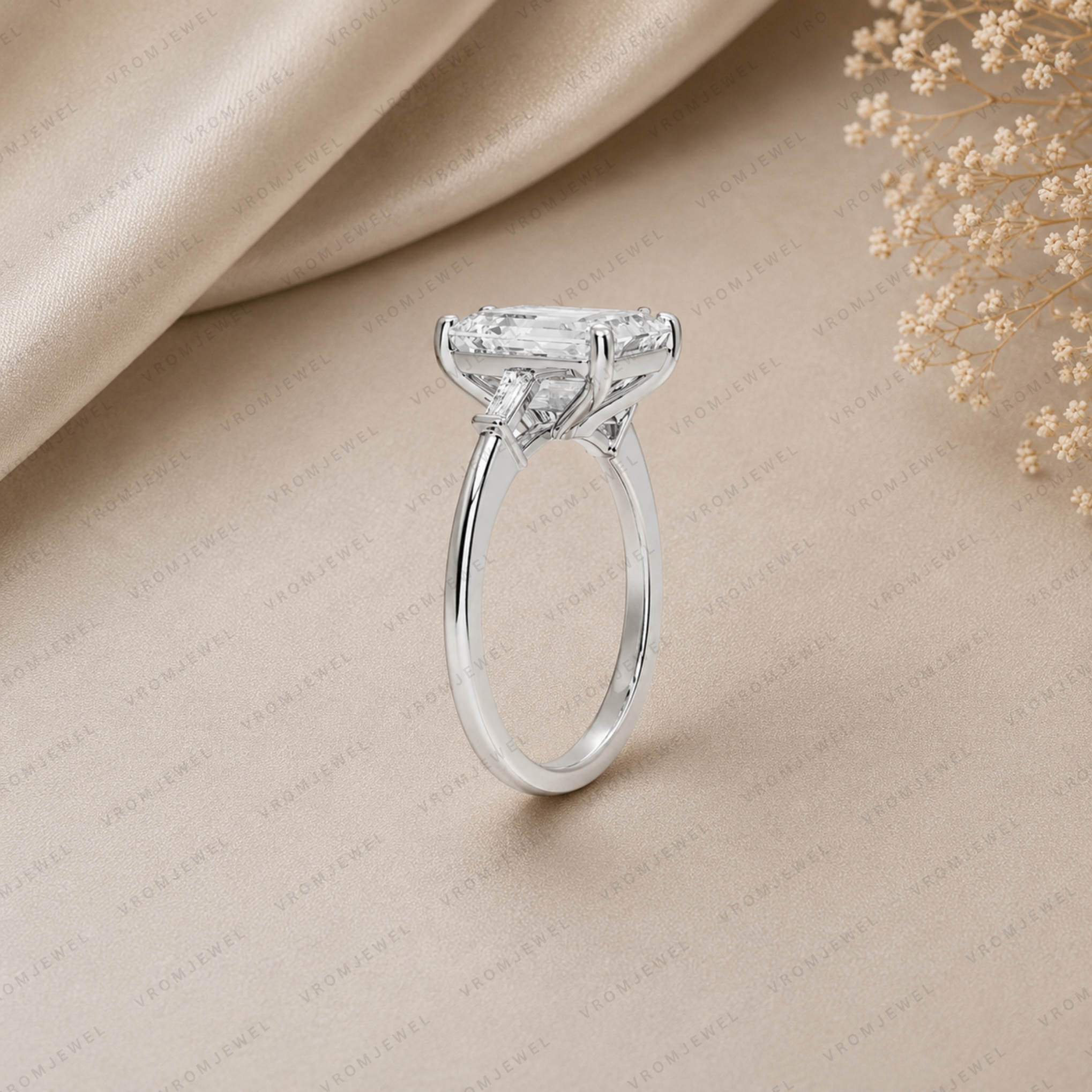 Emerald Cut Lab Grown Diamond Engagement Ring with Tapered Baguette Accents