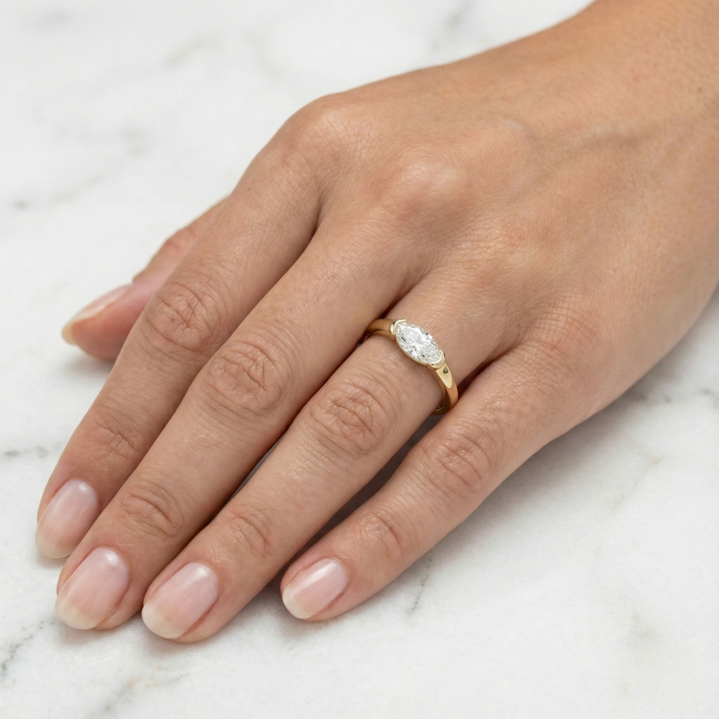 Moval Cut East West Half Bezel Solitaire Ring | Lab Grown Diamond | 14K Yellow Gold