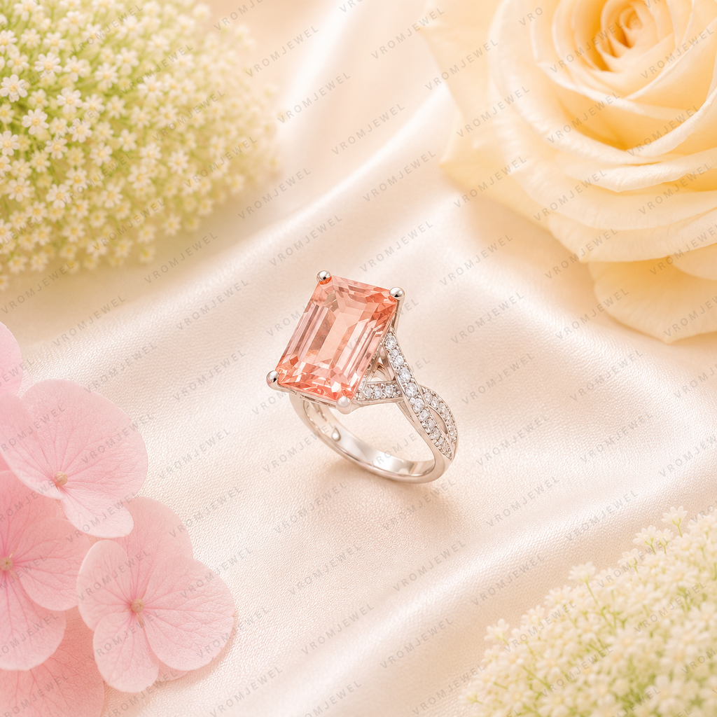 Pink Emerald Cut Lab Grown Diamond Engagement Ring, Halo Diamond Ring, Pink Diamond Ring, Pavé Band, 4 Prong Setting, 10K 14K 18K Gold
