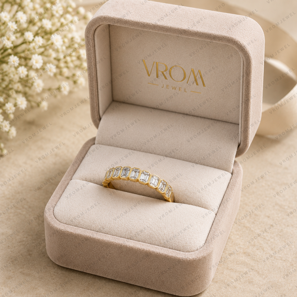 Emerald Cut Lab Grown Diamond Bezel Set Bridal Ring in Solid 14K Gold