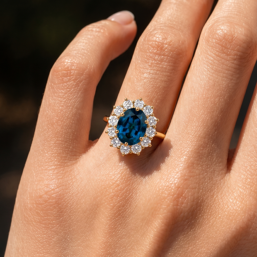 London Blue Topaz Halo Ring | 3.5 CT Oval Gemstone | Lab Grown Diamond Halo | Vintage Style Engagement Ring | 14K Gold