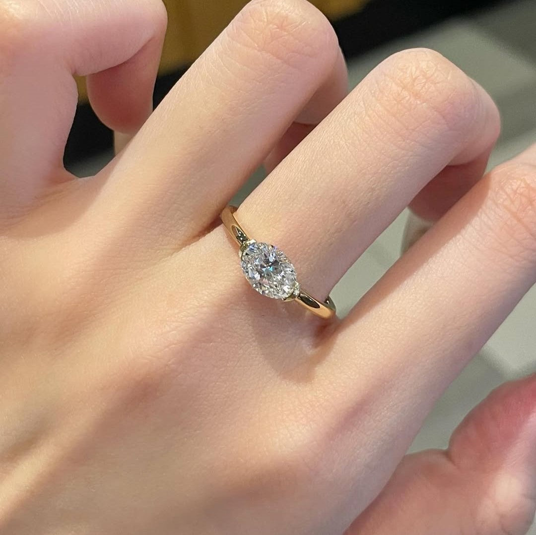 East West Oval Half Bezel Solitaire Ring | Lab Grown Diamond | 14K Yellow Gold Modern Minimalist