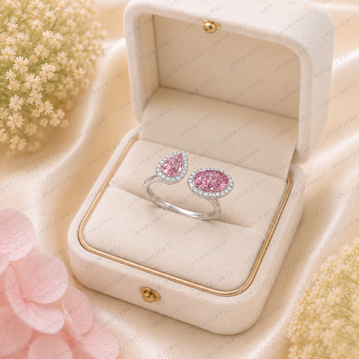 Pink Pear & Oval Lab Grown Diamond Ring, 3 Carat Pink Diamond Ring, Open Bypass Ring, Two Stone Engagement Ring, Halo Diamond Ring, 10K 14K