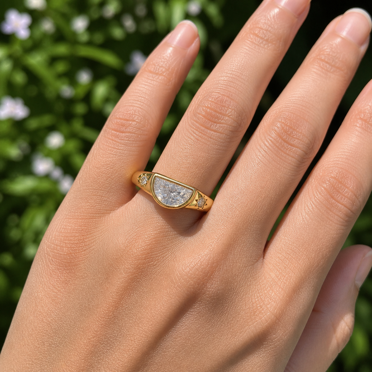 Half Moon Diamond Signet Ring, Modern Lab Grown Diamond Ring, Geometric Gold Signet Ring, Minimal Statement Ring, Unique Diamond Ring