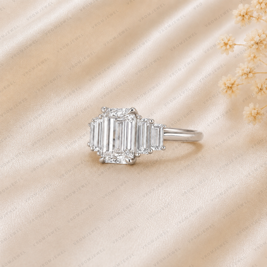 Emerald Cut Lab Grown Diamond Engagement Ring | 14K Gold Baguette Bar Ring