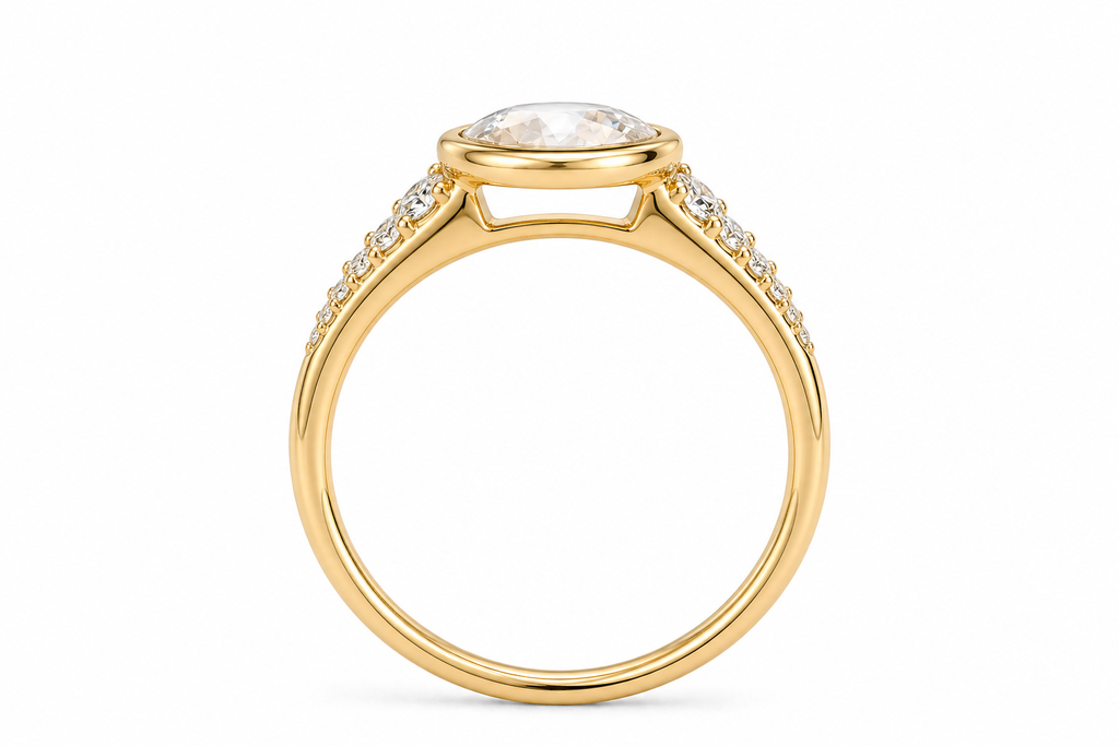 Oval Rose Cut Lab Grown Diamond Ring | 1 CT | Bezel Setting | Graduated Side Accents | Art Deco Vintage Engagement Ring | 14K Gold