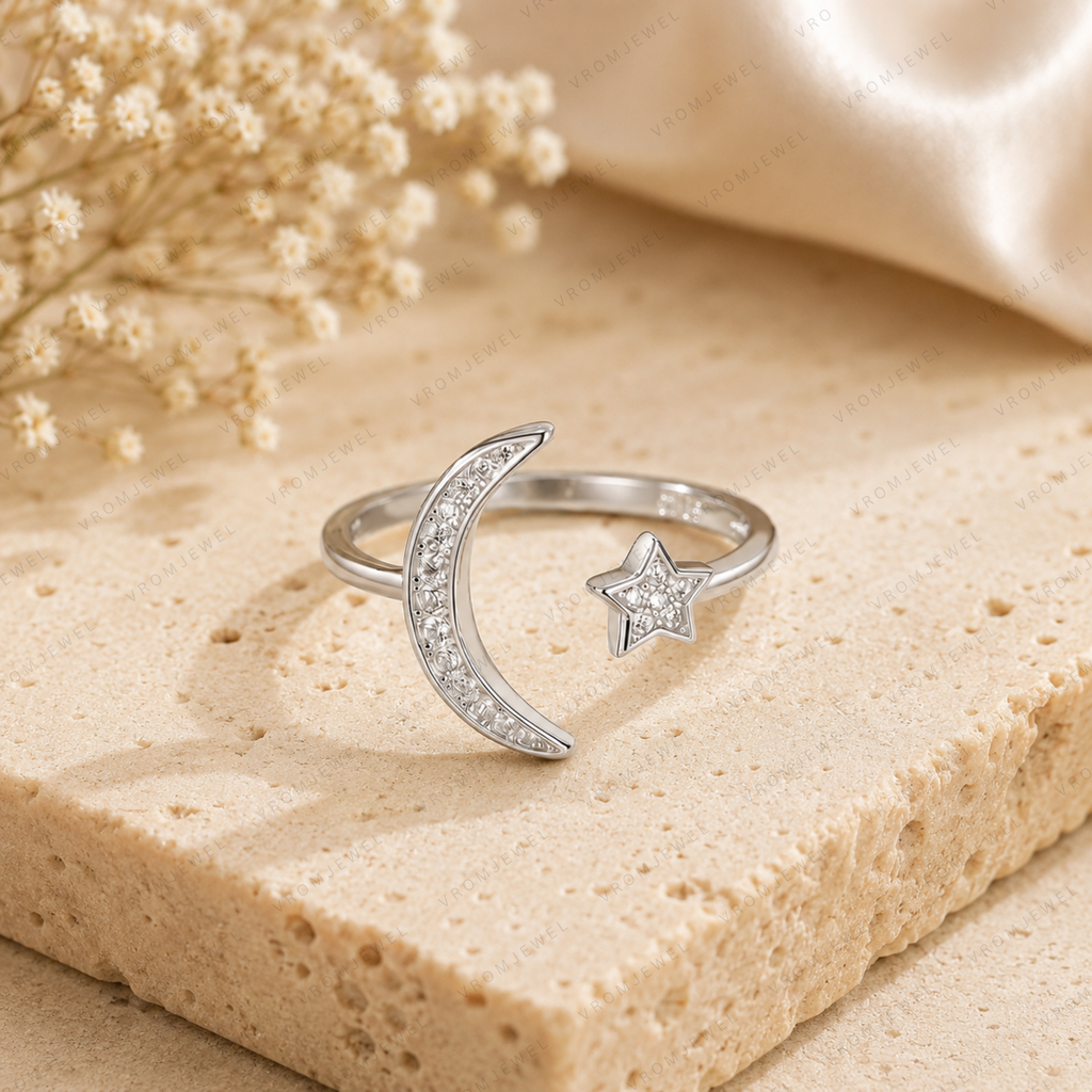 Moon and Star Lab Grown Diamond Ring, Celestial Diamond Ring, Crescent Moon Ring, Star Ring, Solid Gold Open Ring, Minimalist Promise Ring