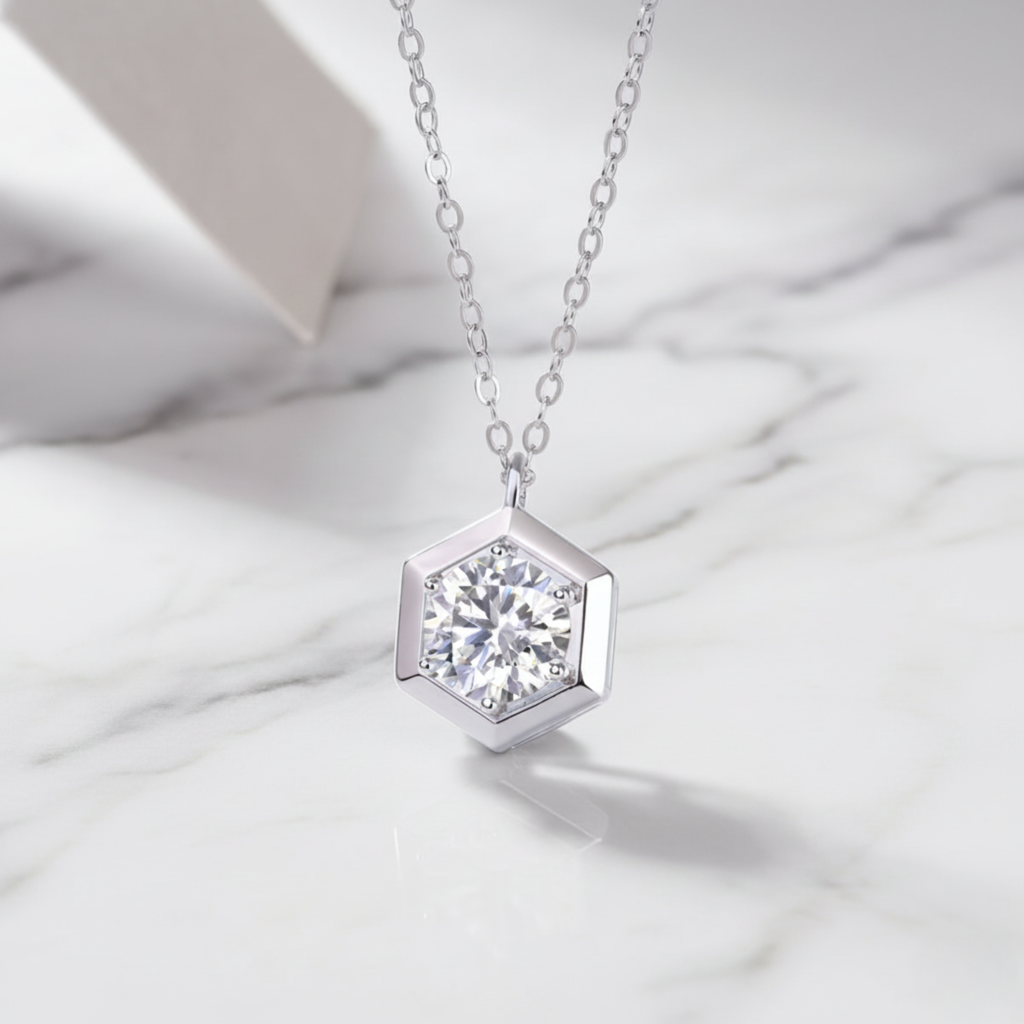 Modern Hexagon Style Round Pendant Necklace | Lab Grown Diamond | 14K Yellow Gold Elegant Style