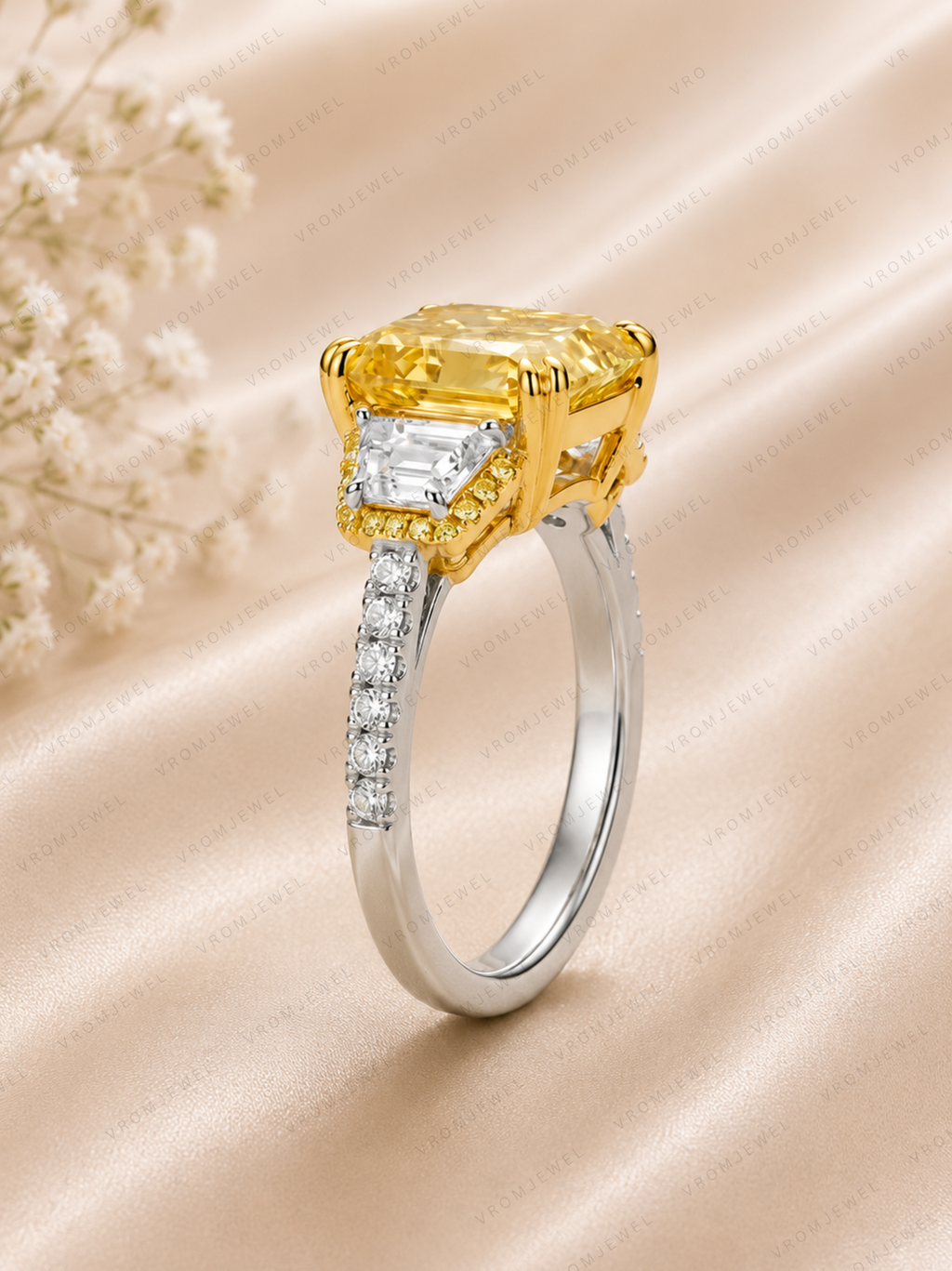 Yellow Cushion Lab Grown Diamond Ring, Cushion Cut Engagement Ring, Three Stone Diamond Ring, Solid Gold Diamond Ring, Yellow Diamond Ring