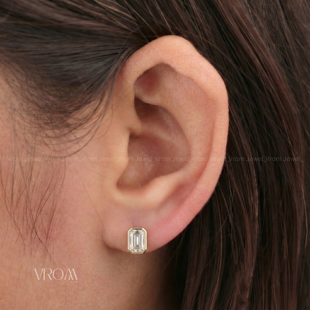 Emerald bezel set stud Earrings | Lab Grown Diamond | 14k Yellow Gold Minimalist
