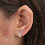 Emerald bezel set stud Earrings | Lab Grown Diamond | 14k Yellow Gold Minimalist