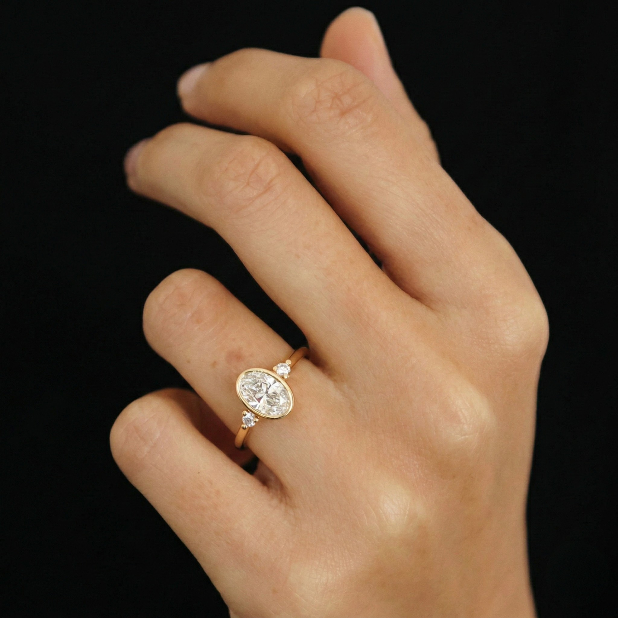 Oval Lab Grown Diamond Engagement Ring, Bezel Set Oval Ring with Round Side Stones, 14K Yellow Gold, IGI Certified Diamond Ring