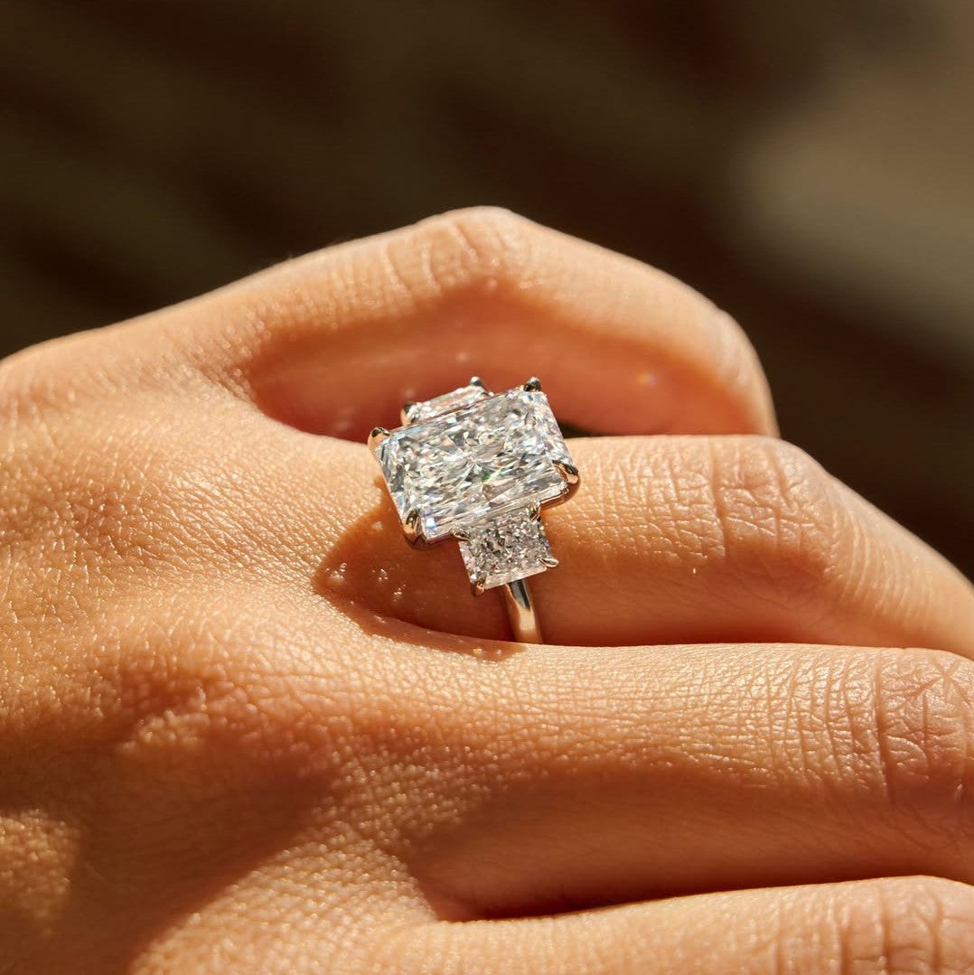 Elegant Radiant 3 Stone Engagement Ring | Lab Grown Diamond | 14K Yellow Gold Classic Style