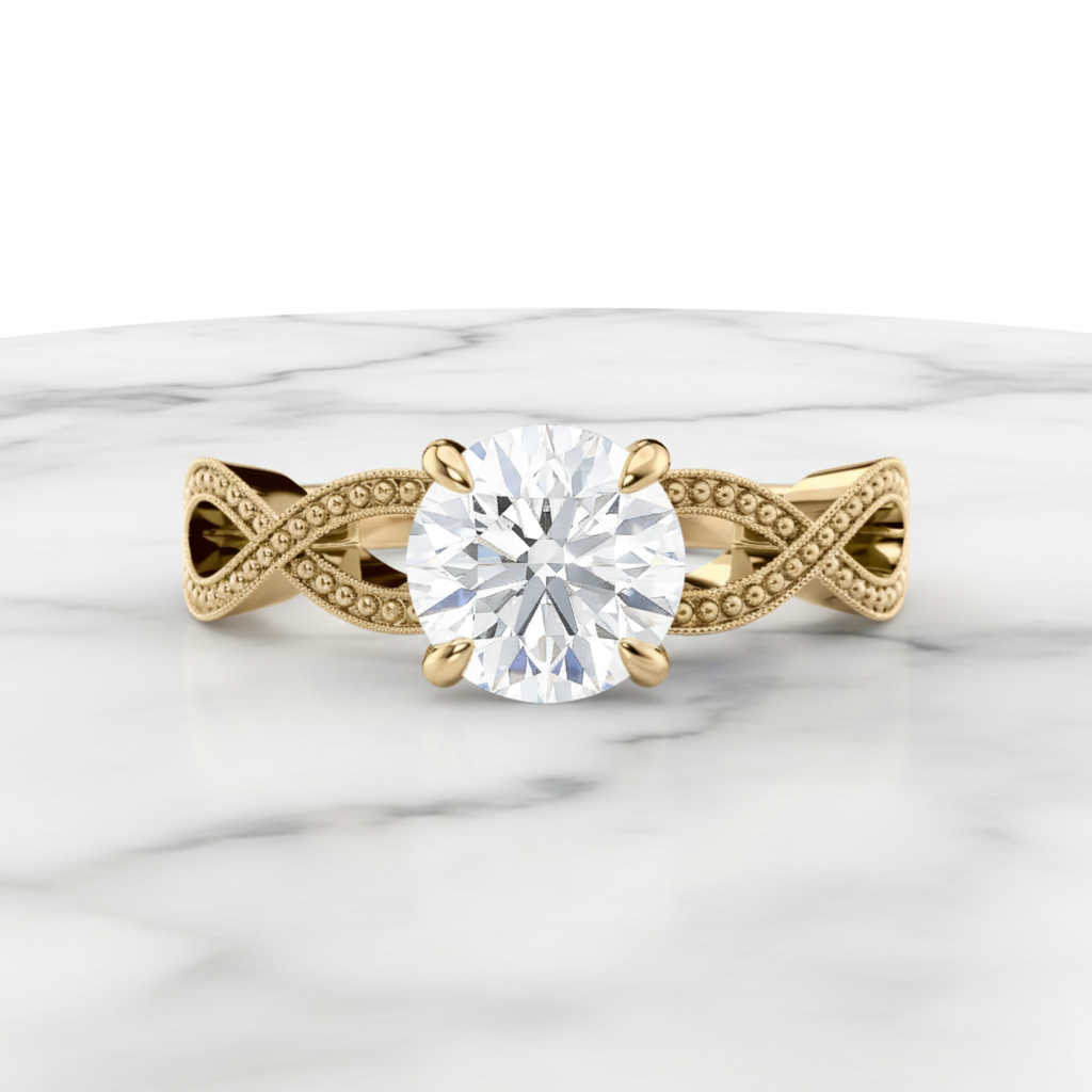 Elegant Round Engagement Ring with Milgrain Infinity Band | Lab Grown Diamond | 14K Yellow Gold