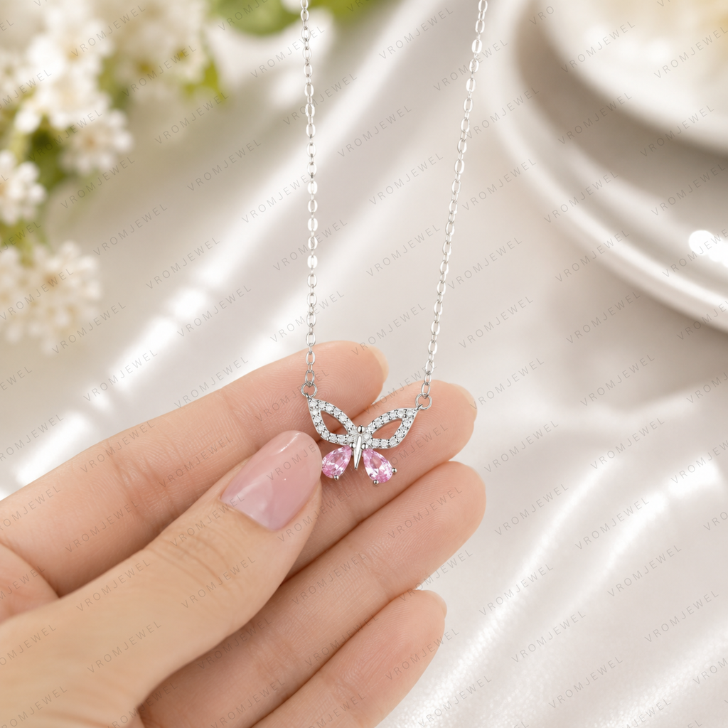 Butterfly Lab Grown Diamond Necklace, Hollow Butterfly Pendant, Solid Gold Butterfly Necklace, Nature Inspired Necklace, Minimalist Necklace
