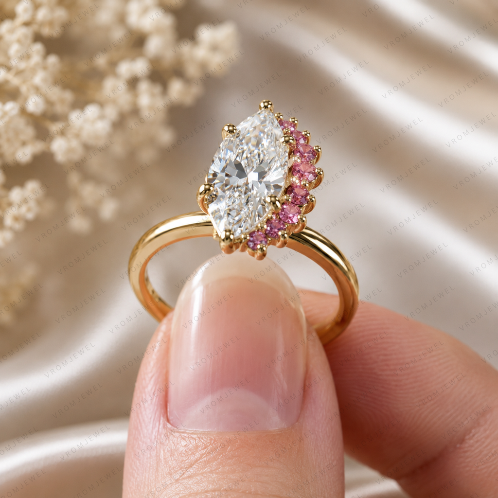 Marquise Lab Grown Diamond & Pink Sapphire Two Stone Ring in 14K or 18K Gold