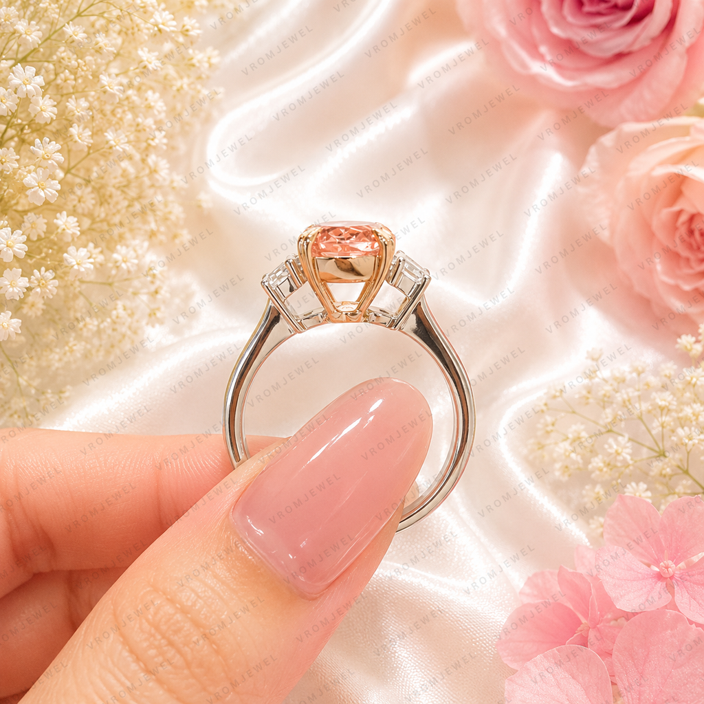 Pink Oval Lab Grown Diamond Engagement Ring, 3.00 Carat Pink Diamond Ring, Half Moon Diamond Side Stones, Three Stone Ring, 10K 14K 18K Gold