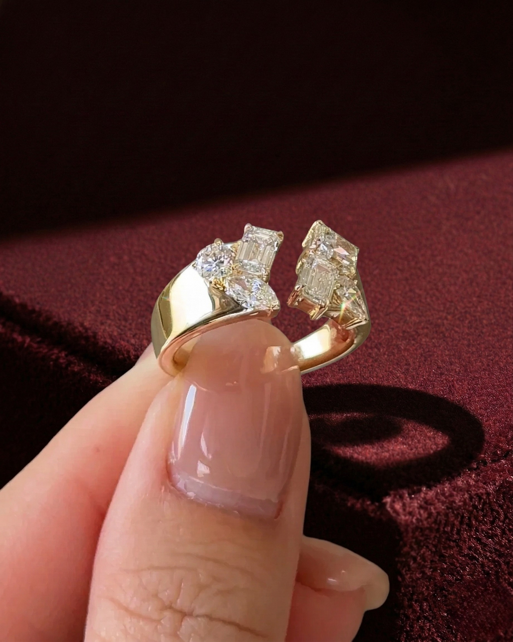 Mixed Shape Diamond Open Band Ring, Radiant Emerald Pear Marquise Diamond Ring, Multi Shape Diamond Statement Ring, Unique Diamond Open Ring