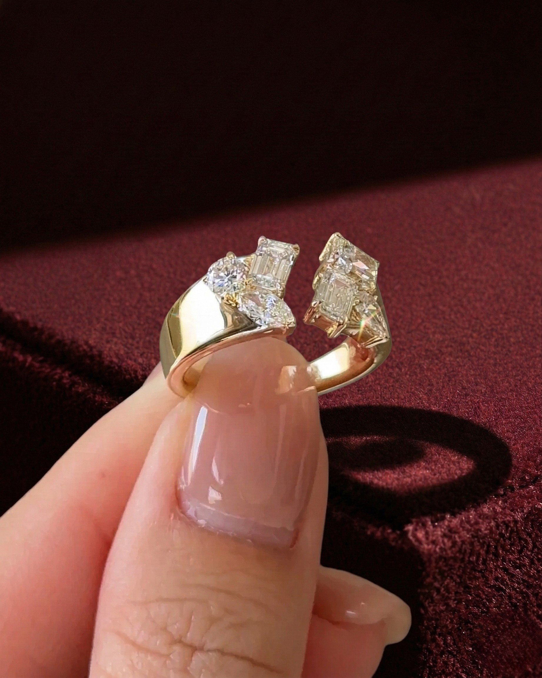 Mixed Shape Diamond Open Band Ring, Radiant Emerald Pear Marquise Diamond Ring, Multi Shape Diamond Statement Ring, Unique Diamond Open Ring