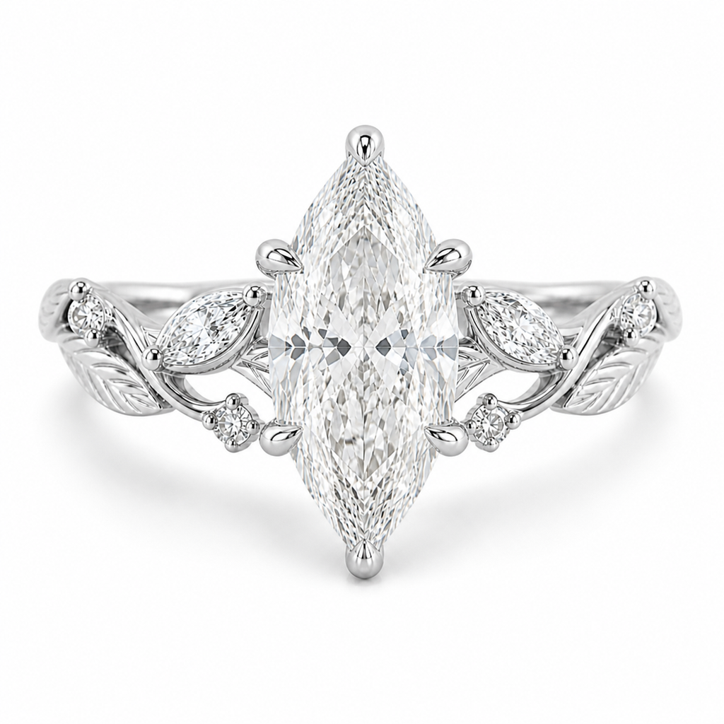 Marquise Diamond Nature Inspired Ring, Marquise Lab Grown Diamond Ring, Floral Diamond Engagement Ring, Leaf Inspired Gold Ring, Unique Ring