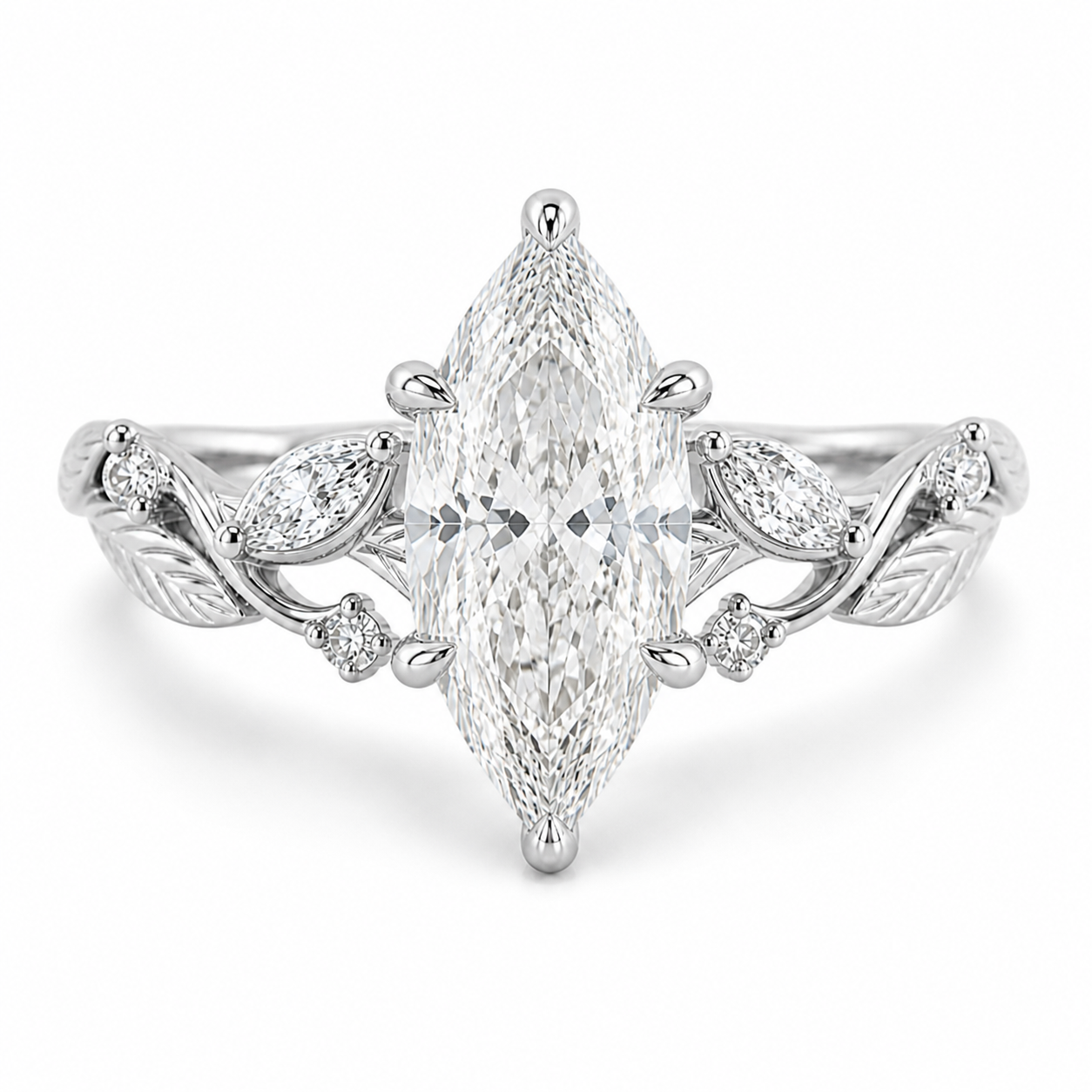 Marquise Diamond Nature Inspired Ring, Marquise Lab Grown Diamond Ring, Floral Diamond Engagement Ring, Leaf Inspired Gold Ring, Unique Ring